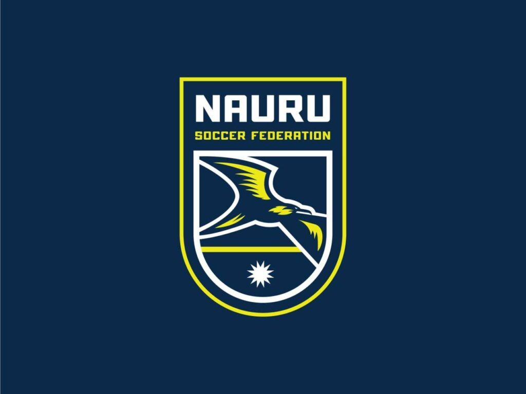 Crest of the Nauru Soccer Federation on a navy background