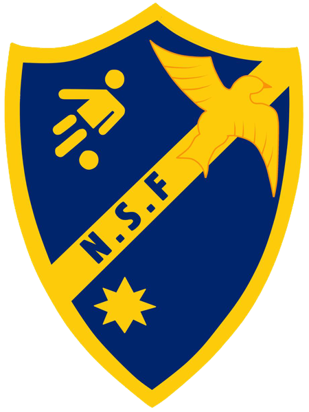The federation's first crest: a blue and gold shield with a frigatebird, a player and the letters N.S.F.