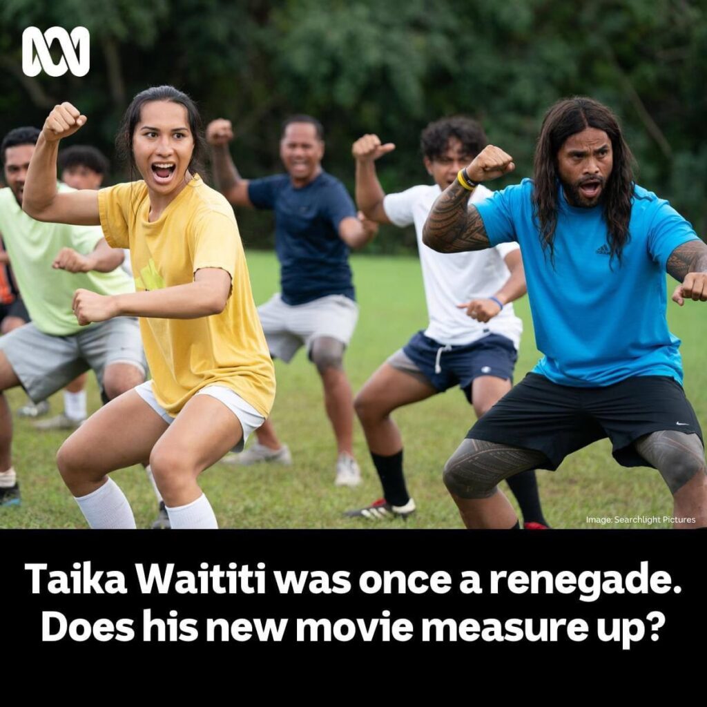 Still from the film Next Goal Wins: players performing a haka on a football pitch