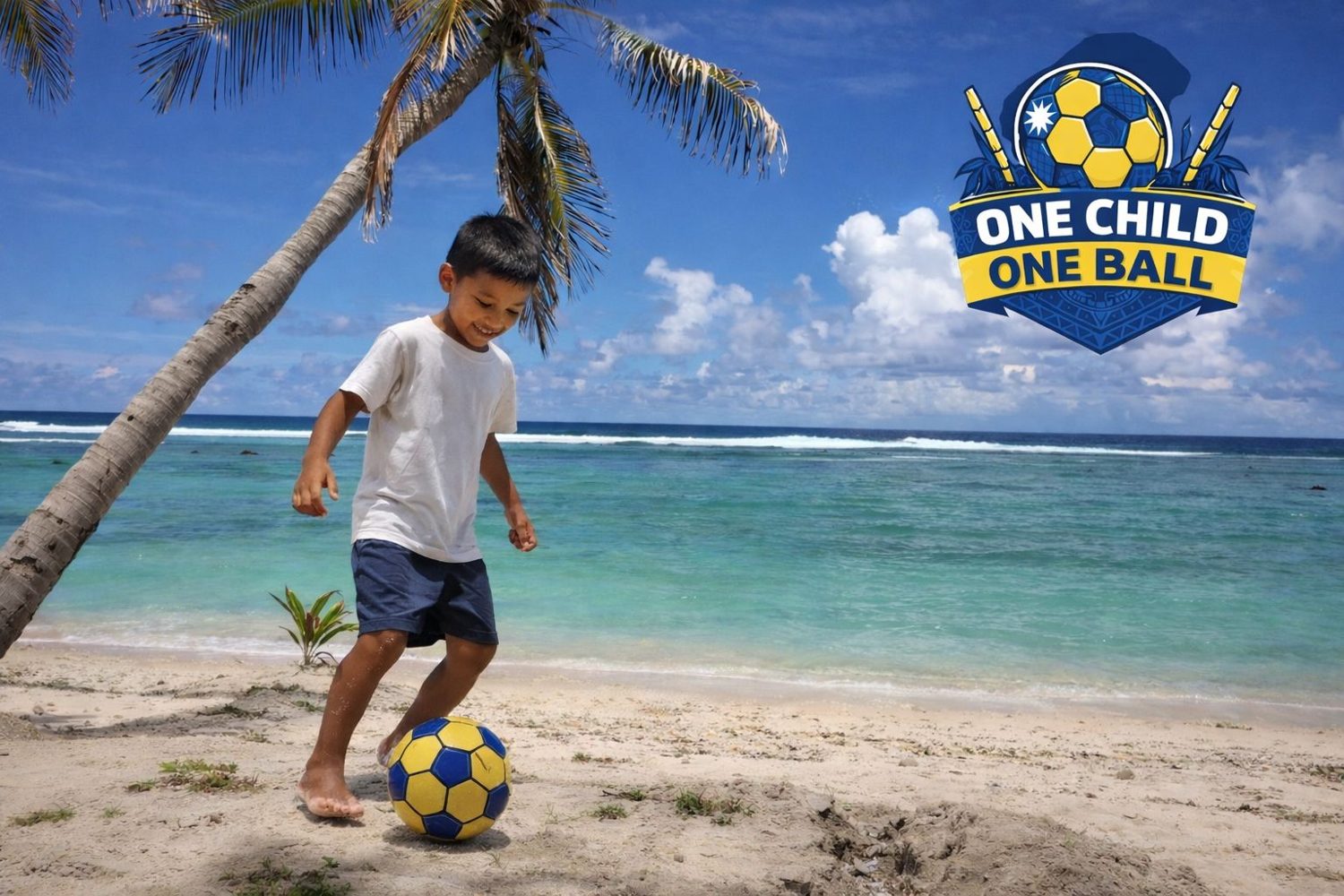 A boy kicking a ball on the beach on Naoero, with the One Child One Ball logo